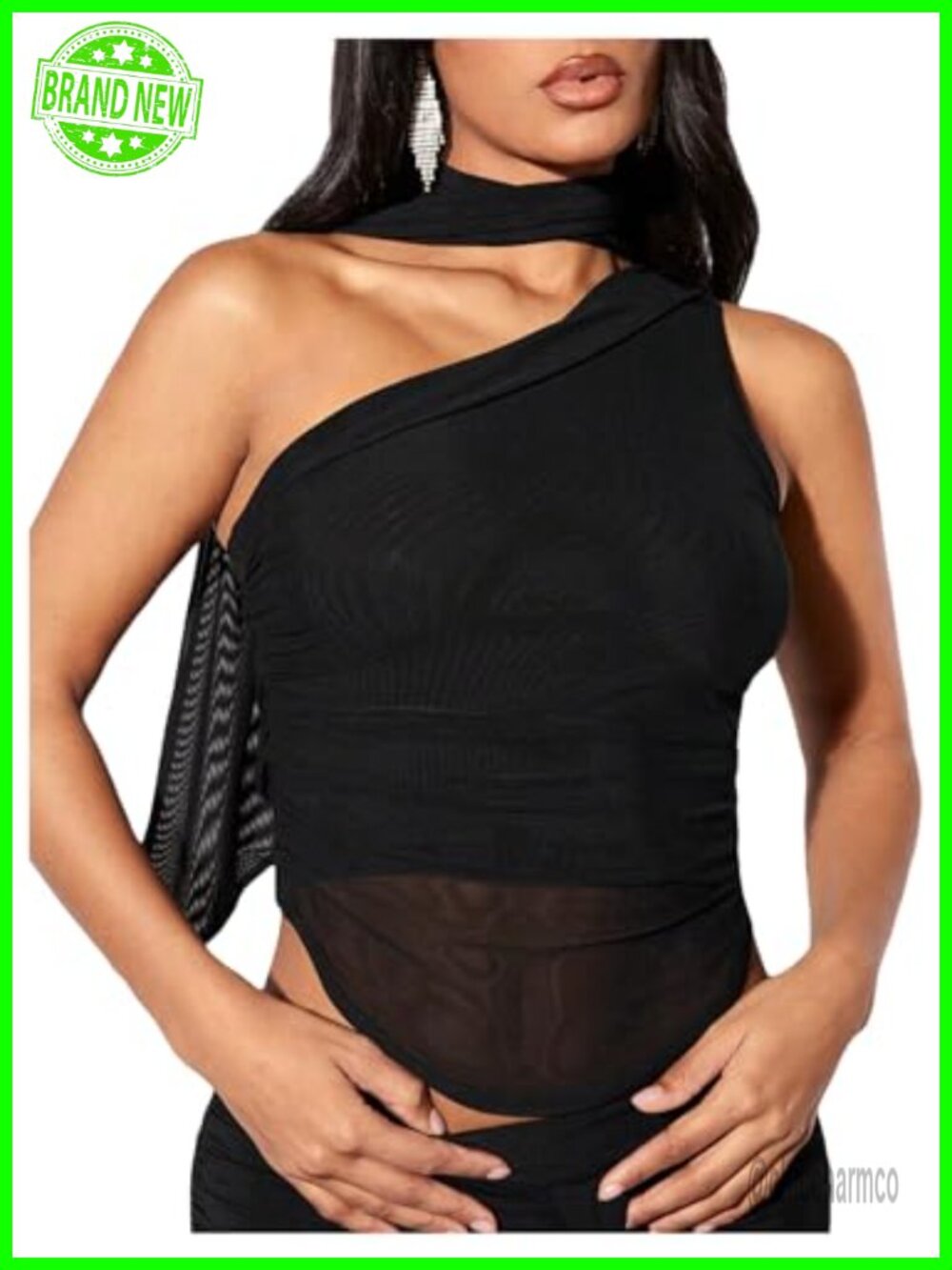 Women's Halter Scarf Sheer Mesh Ruched Off Shoulder Asymmetrical Crop Top
